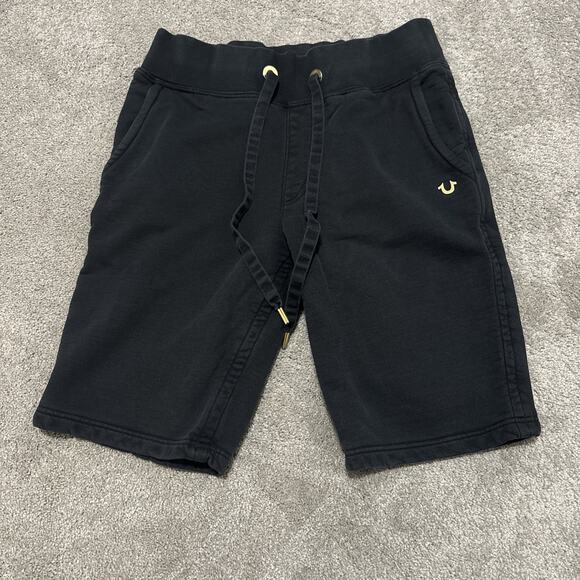 True Religion Fleece Sweat Shorts Mens Medium Drawstring Black Gold - Picture 1 of 6